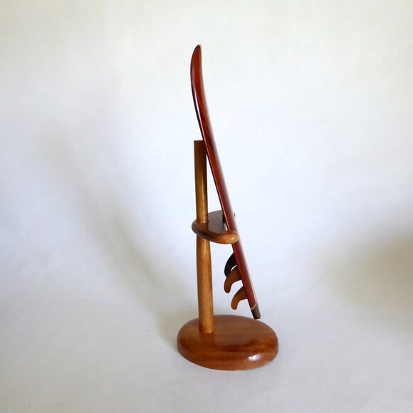 VINTAGE KOA WOOD VERTICAL STRIPE 12” MINIATURE LONGBOARD SURFBOARD DISPLAY STAND - Picture 3 of 14